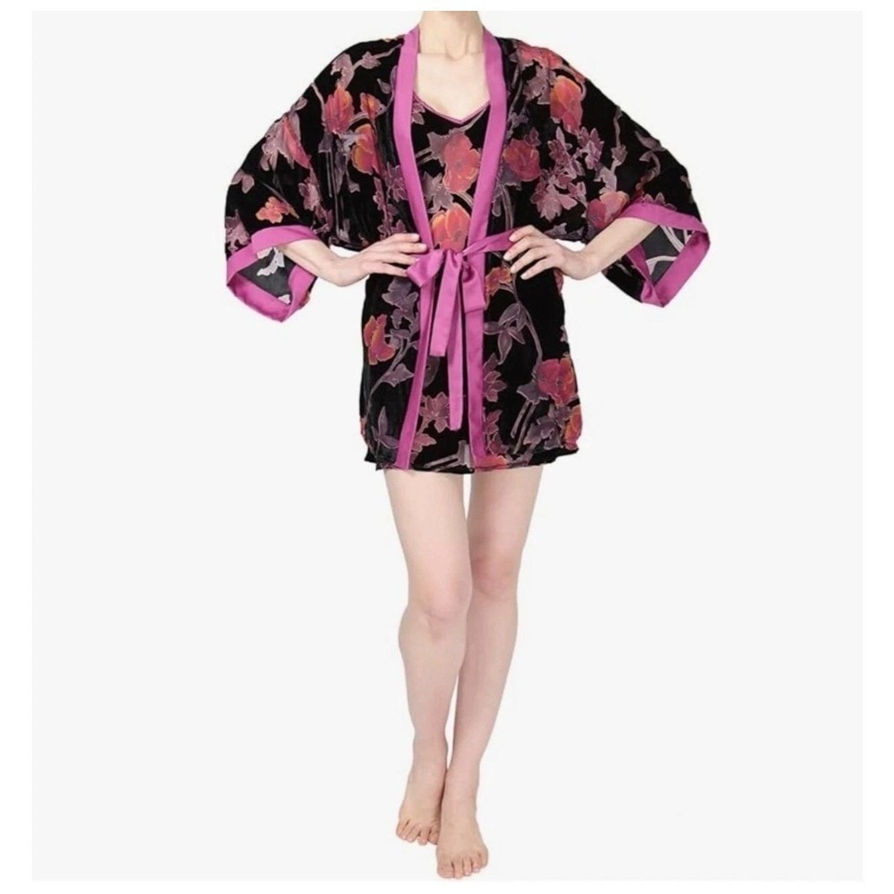 MeMoi Collection Burnout Velvet Floral Robe Black Pink Kimono Wrap L